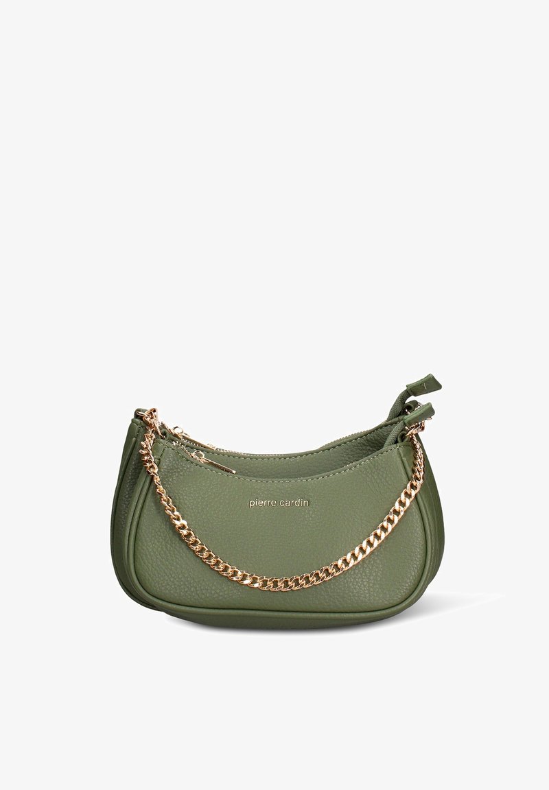 Borsa a mano in pelle verde con doppia cerniera, tracolla a catena, finitura strutturata e logo "pierre cardin" ben visibile. Design compatto e curvo.