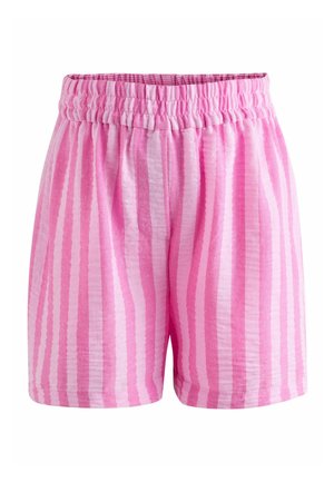 Pinkfarbene und hellpinkfarbene Shorts mit vertikalen Streifen und elastischem Bund, gefertigt aus leichtem, strukturiertem Stoff.