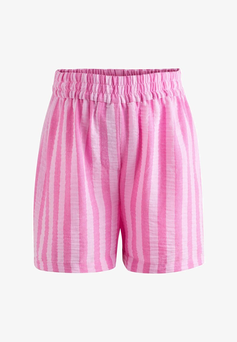 Pink and light pink vertical striped shorts with elastic waistband, made of lightweight textured fabric.