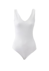 Costume da bagno bianco con scollatura a V, texture liscia e senza hardware visibile. Presenta una silhouette aderente con un'apertura alta della gamba.