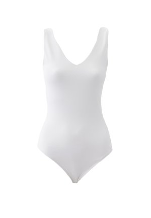 Maillot de bain blanc avec un design en V, texture lisse et sans matériel visible. Présente une silhouette ajustée avec une ouverture de jambe haute.