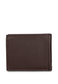 Portafoglio marrone in pelle con superficie strutturata, design pieghevole a due ante e cuciture visibili. Presenta una forma semplice e pulita senza ulteriori decorazioni.