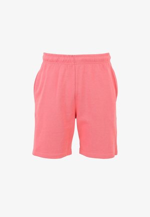 Shorts corail en pink fabriqués en tissu de coton doux, dotés d'une taille élastique et de poches latérales, avec une coupe droite et sans motifs visibles.