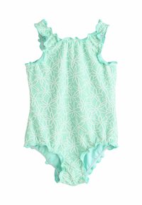 Mündiroheline üheosaline ujumistrikoo valgete lillemustritega, volangidega õlarihmade ja lainelise servaga allosas. Pehme, tekstuuriga kangas.