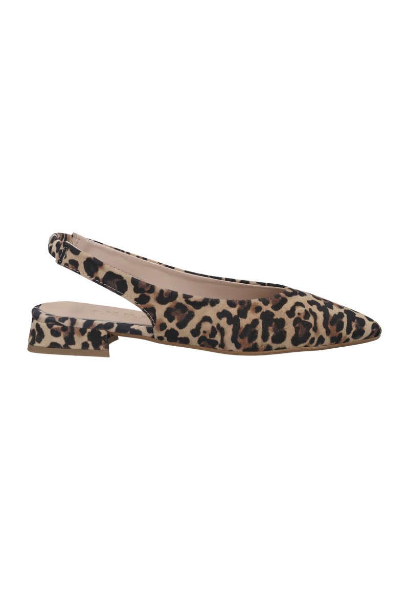 Pointed-toe slingback shoes in tan fabric with a leopard print pattern. Low block heel and open back design for easy wear.
