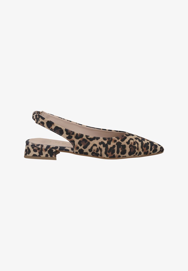 Pointed-toe slingback shoes in tan fabric with a leopard print pattern. Low block heel and open back design for easy wear.