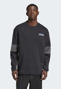 Černá mikina s šedými akcenty, kulatým výstřihem, dlouhými rukávy a vyšitým modrým logem Adidas na hrudi. Hladká textura látky.