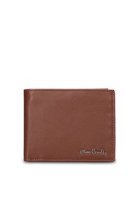 Bruine lederen portemonnee met een gladde textuur, bi-fold ontwerp, met subtiele stiksels en een geperst merkembleem aan de voorkant.