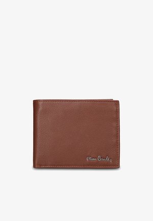 Portafoglio in pelle marrone con una texture liscia, design bifold, caratterizzato da cuciture sottili e nome del marchio in rilievo sul davanti.