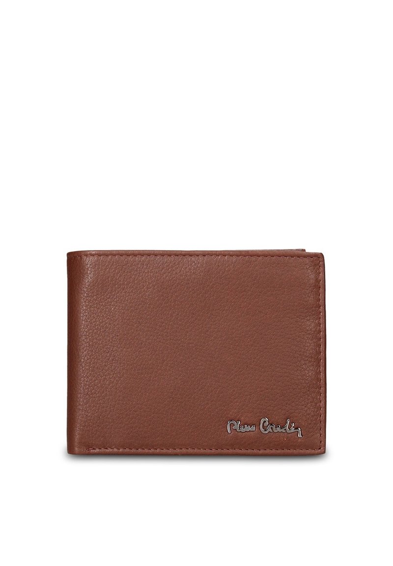 Bruine lederen portemonnee met een gladde textuur, bi-fold ontwerp, met subtiele stiksels en een geperst merkembleem aan de voorkant.