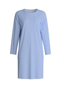 Abito a righe blu e bianche con maniche lunghe, collo rotondo e una vestibilità comoda. Il tessuto ha una consistenza liscia e un design semplice.