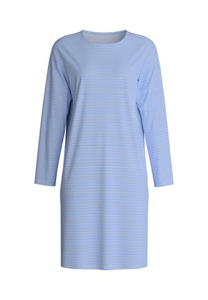 Blauw-witte gestreepte jurk met lange mouwen, ronde hals en een relaxte pasvorm. De stof heeft een soepele textuur en een eenvoudig ontwerp.