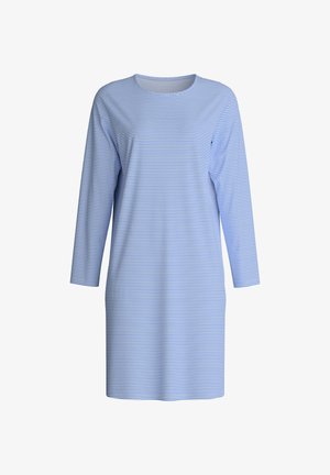 Blauw-witte gestreepte jurk met lange mouwen, ronde hals en een relaxte pasvorm. De stof heeft een soepele textuur en een eenvoudig ontwerp.