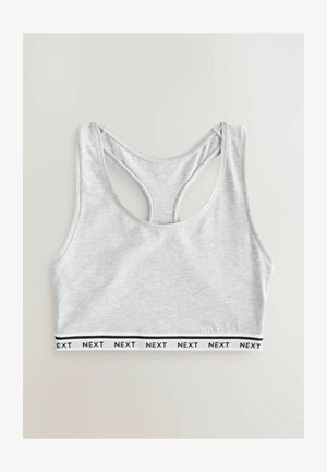Šedá športová podprsenka z bavlny s dizajnom na chrbtovej strane v tvare pretekárskeho strihu. Má kontrastný biely pás s čiernym nápisom "NEXT". Hladká textúra.