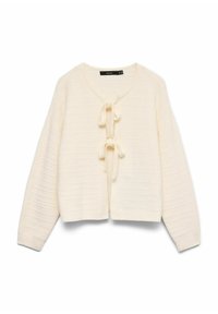 Ljusbeige cardigan i strukturerad stickad kvalitet, med V-ringning, tre band framtill, och långa ärmar med ribbade manschetter.