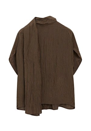 Brown striped shirt with an open front, featuring a collar and long sleeves. Fabric is lightweight with a soft texture. Design is loose-fitting.
