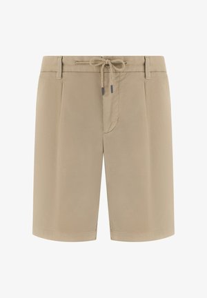 Beigenväriset miesten shortsit, joissa on kiristysnyöri vyötäröllä, vyölenkit ja etutaitokset.