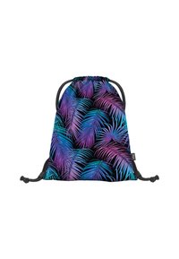 Tagesrucksack mit Zugband, der einen schwarzen Hintergrund mit lebhaften lila und türkisfarbenen Palmenblattmustern zeigt. Robustes Material mit verstellbaren Trägern.