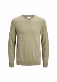 Pull beige à manches longues avec col rond, poignets et ourlet côtelés, présenté sur un fond blanc.
