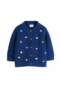 Mörkblå stickad babykofta med träknappar och flerfärgade pom-pom prickar utspridda på framsidan och ärmarna.