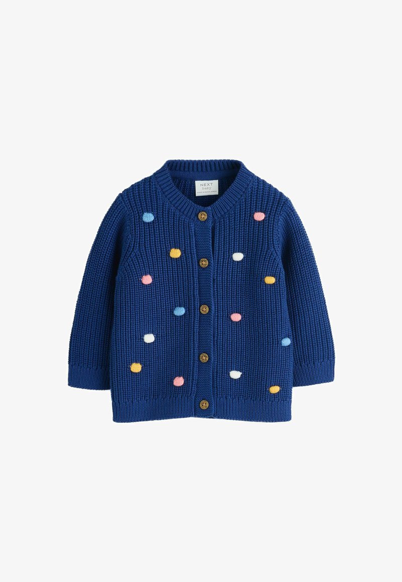 Cardigan in maglia per bambino di colore blu navy con bottoni in legno e pallini di pom-pom multicolori sparsi sul davanti e sulle maniche.