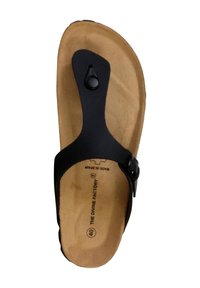 Sorte flip-flop sandal med en tekstureret kork sål, en enkelt tåpost og et cirkulært justerbart rem med en knapdetalje. Størrelse 40.