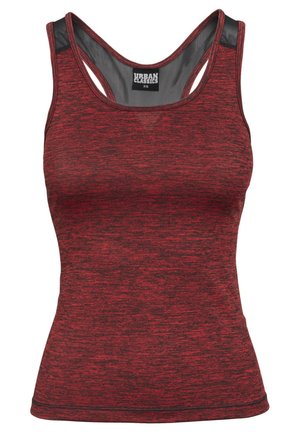 Rød idrettstopp med teksturert stoff og melert mønster, racerback-design og mesh-detaljer på skuldrene.