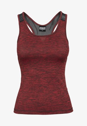 Piros sportos tank top, texturált anyaggal és heatheres mintázattal, versenyhát kialakítással és hálós részletekkel a vállaknál.