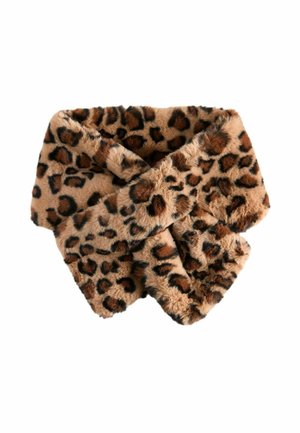 Brown faux fur neck warmer with a leopard print pattern. Soft texture, triangular shape, and folded design with rounded edges.
