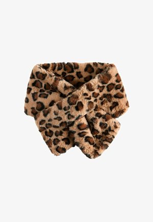 Rudas dirbtinio kailio kaklo šildytuvas su leopardų raštu. Minkšta tekstūra, trikampio forma ir sulankstytas dizainas su apvaliais kraštais.