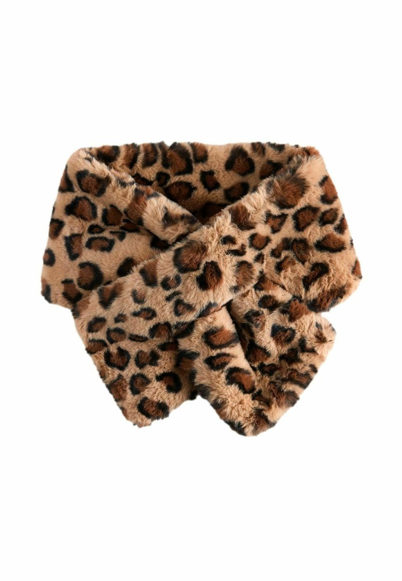 Brun faux fur halsvarmer med leopardmønster. Blød tekstur, trekantet form og foldet design med runde kanter.