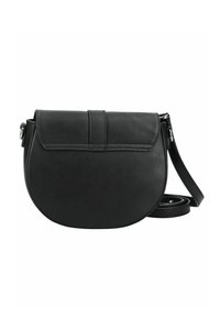 Borsa a tracolla in pelle nera con fondo curvo, chiusura a pattina e tracolla regolabile con ferramenta in argento.