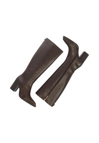 Bruine leren knie-high laarzen met een puntige neus, blokhak en ritssluiting aan de zijkant. Gladde textuur en slank ontwerp.