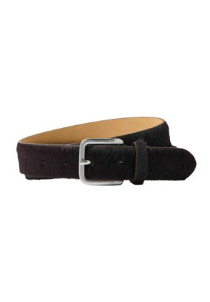 Dark brown leather belt with a silver rectangular buckle, partially coiled, shown against a white background.