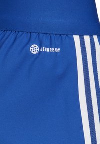 Blaue Sportbekleidung mit glatter Textur. Elastischer Bund mit weißem "AEROREADY"-Logo. Mit weißen und blauen gestreiften Akzenten.