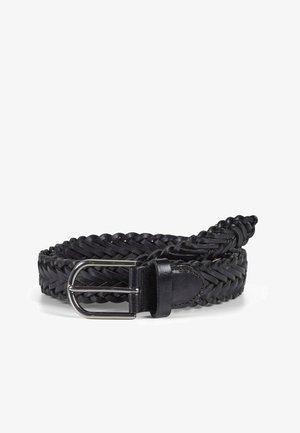 Schwarzer geflochtener Leder-Gürtel mit einer silbernen Metallschnalle und einem eleganten Design. Die Struktur ist glatt mit einem geflochtenen Musterdetail.