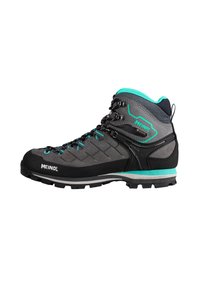Grijze wandelschoen met zwarte accenten, turquoise veters en kraag. Voorzien van een robuuste zool en een gestructureerd bovenwerk met geïntegreerde ondersteuningshardware.