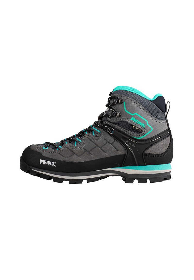Grijze wandelschoen met zwarte accenten, turquoise veters en kraag. Voorzien van een robuuste zool en een gestructureerd bovenwerk met geïntegreerde ondersteuningshardware.