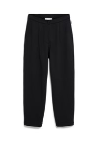Pantalons noirs à jambe droite avec fermeture à bouton, poches latérales et une petite étiquette de marque blanche sur la couture latérale droite.
