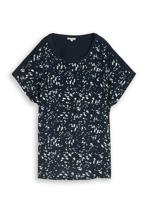 Dunkelblaues kurzärmeliges Oberteil mit weißem abstraktem gesprenkeltem Muster und rundem Ausschnitt, flach auf weißem Hintergrund gelegt.