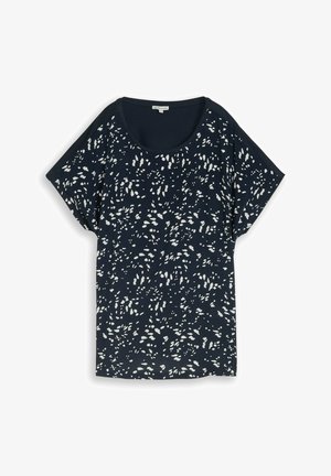 Dunkelblaues kurzärmeliges Oberteil mit weißem abstraktem gesprenkeltem Muster und rundem Ausschnitt, flach auf weißem Hintergrund gelegt.