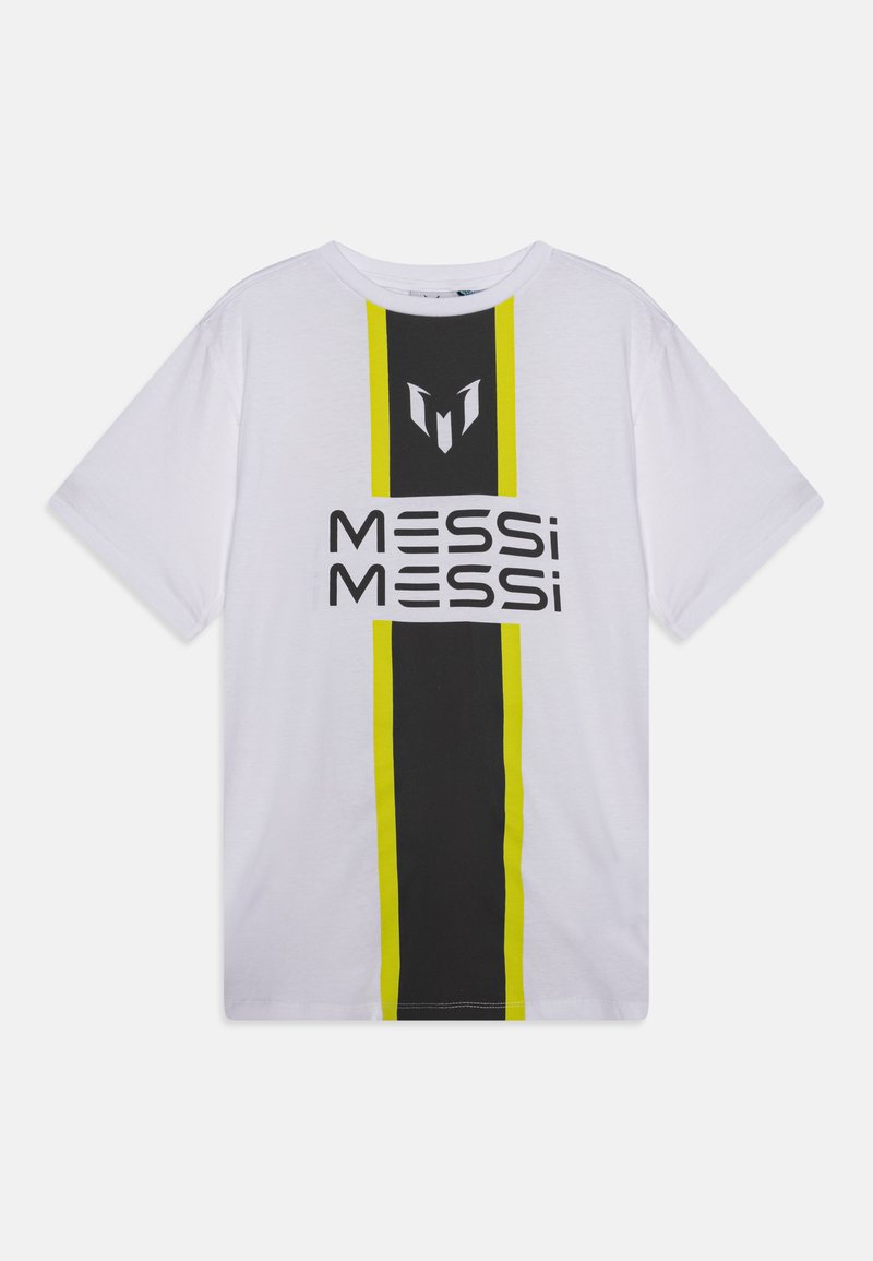 T-Shirt in cotone bianco con audaci strisce verticali nere e giallo fluorescente, con la scritta "MESSi" stampata sulla parte anteriore e il logo sopra.