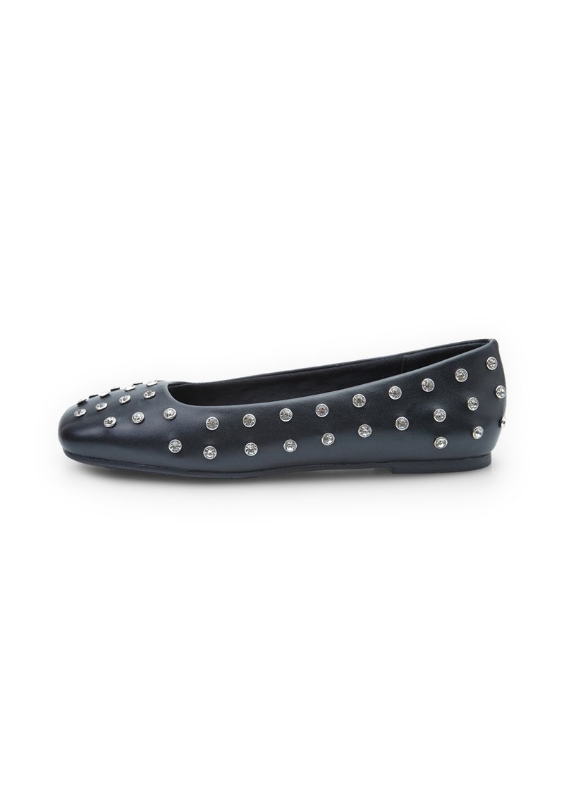 Black leather ballet flat adorned with silver studs, featuring a rounded toe and a smooth texture. Sleek design with low-profile sole.