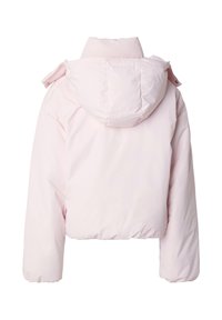 Lichtroze donsjack met aangezette capuchon, lange mouwen en een licht cropped pasvorm, gefotografeerd van achteren tegen een witte achtergrond.
