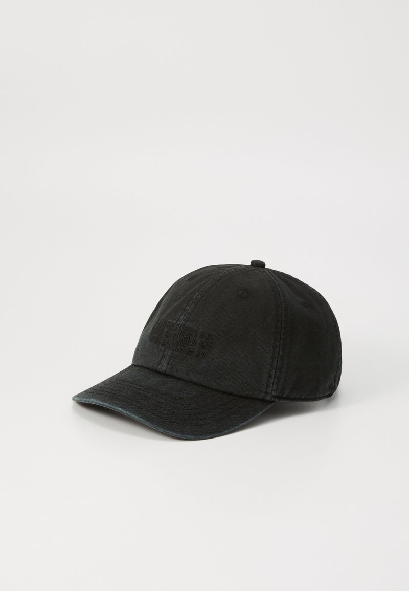 Black cotton baseball cap with curved brim, featuring an embossed logo design on the front and a button at the crown.