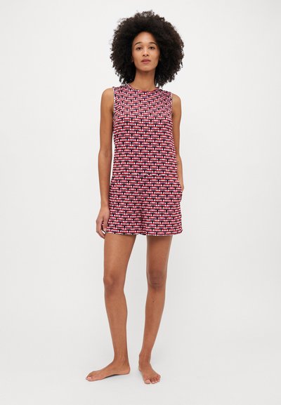 Bežianti suknelė be rankovių raudonos ir baltos spalvų raštuoto audinio, su apvaliu iškirpimu, kišenėmis ir laisvu kirpimu.