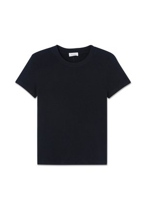 Plain black short-sleeve crew neck T-shirt laid flat on a white background.