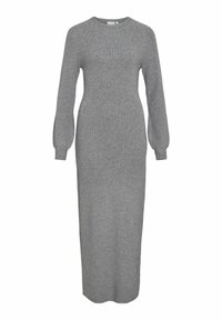 Vestito midi a maglia grigia a costine con maniche lunghe, scollo rotondo e silhouette aderente. Tessuto morbido e dettagli di design minimali.