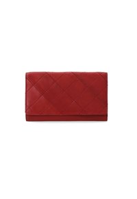 Rote Lederbrieftasche mit einem gesteppten Design aus Rautenmustern, glatter Textur und gefalteter Form.