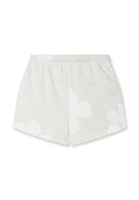 Hellgraue Shorts mit elastischem Bund, großen weißen Blumendrucken und einer einzelnen hinteren Paspeltasche.